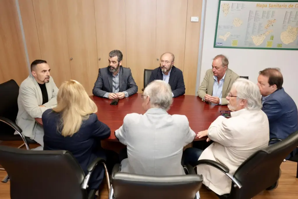 Urgencias a domicilio para evitar colapsos por la gripe en los hospitales de Canarias. Imagen de la reunión del director del Servicio Canario de la Salud (SCS), Adasat Goya, (izq.) y la directora general de Programas Asistenciales del SCS, Antonia María Pérez, con los gerentes de Atención Primaria y de los cuatro hospitales universitarios adscritos al SCS de Tenerife y Gran Canaria.