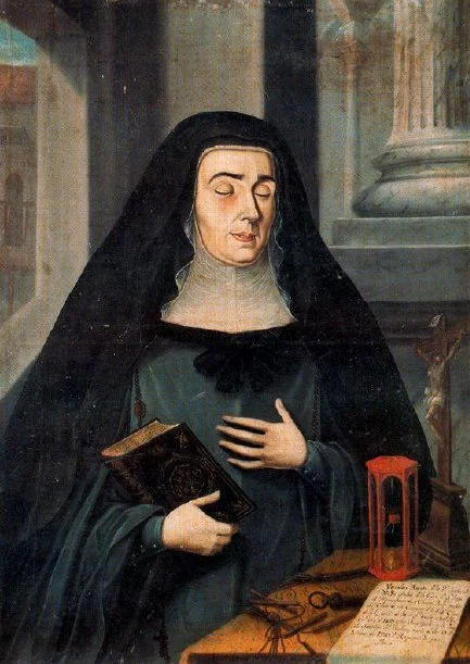 Retrato fúnebre de monja del monasterio de San Juan Bautista de La Laguna. Esta de pie, junto a una mesa con un crucifijo, un reloj y una carta.