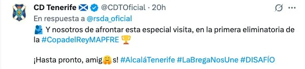 Mensaje del CD Tenerife tras conocer su eliminatoria frente a la RSD Alcalá en Copa del Rey