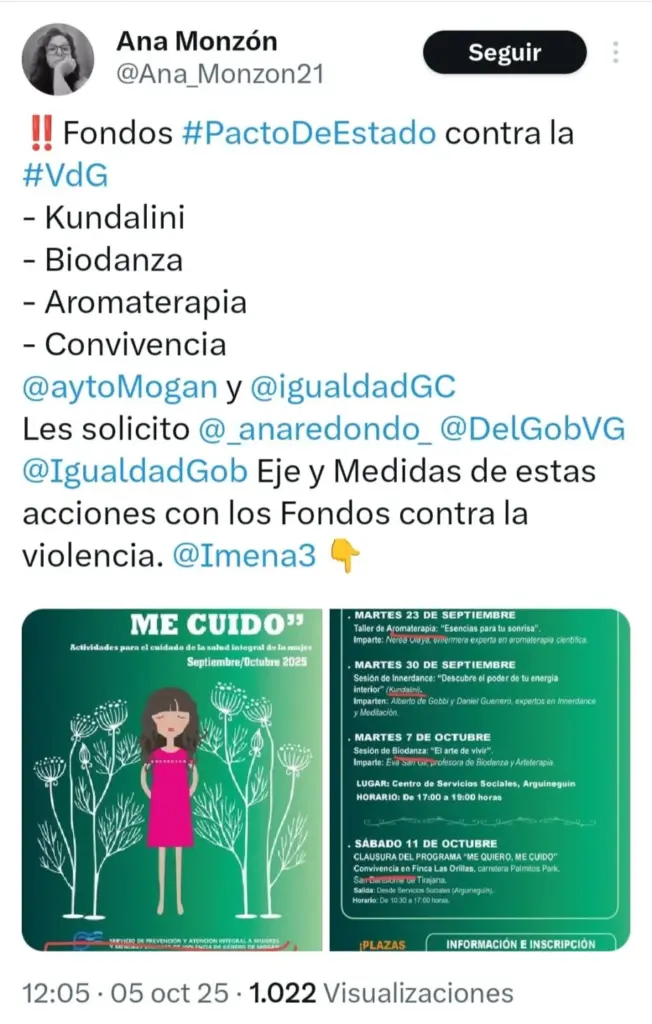 Denuncia en redes de las actividades financiadas con fondos del Pacto de Estado contra la violencia de genero del Ayuntamiento de Mogán