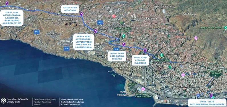Mapa de las paradas de la Virgen de Candelaria en Santa Cruz de Tenerife este 11 de octubre 