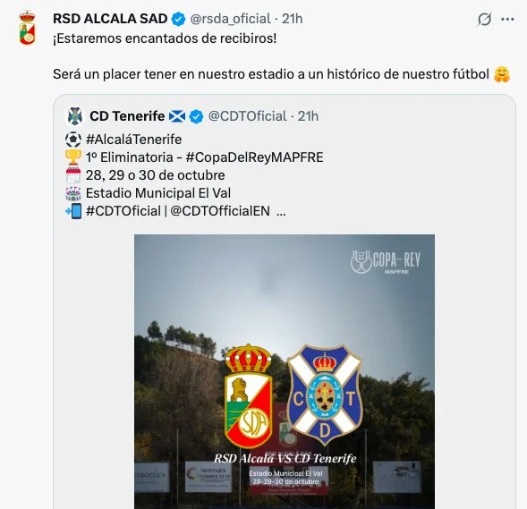 Mensaje en X de la RSD Alcalá reaccionando al partido de Copa del Rey frente al CD Tenerife 