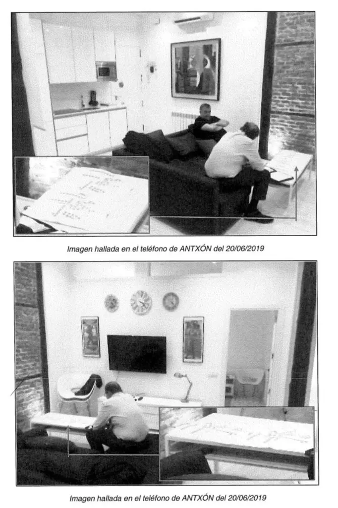 Fotos del informe de la Unidad Central Operativa (UCO) que figura en la causa (halladas en el teléfono de Antxon) y a las que ha tenido acceso EFE, del ex secretario de Organización del PSOE Santos Cerdán (camisa negra) con el exdirectivo de Acciona Justo Vicente Pelegrini (d). La Unidad Central Operativa (UCO) de la Guardia Civil considera que la "principal fuente de ingresos" de la empresa Servinabar, presuntamente vinculada al exsecretario de Organización del PSOE Santos Cerdán, fueron tres proyectos de obra con Acciona Construcción, de los que se quedaba con el 2 por ciento del importe de cada adjudicación. EFE/ Informe De La Unidad Central Operativa (UCO)