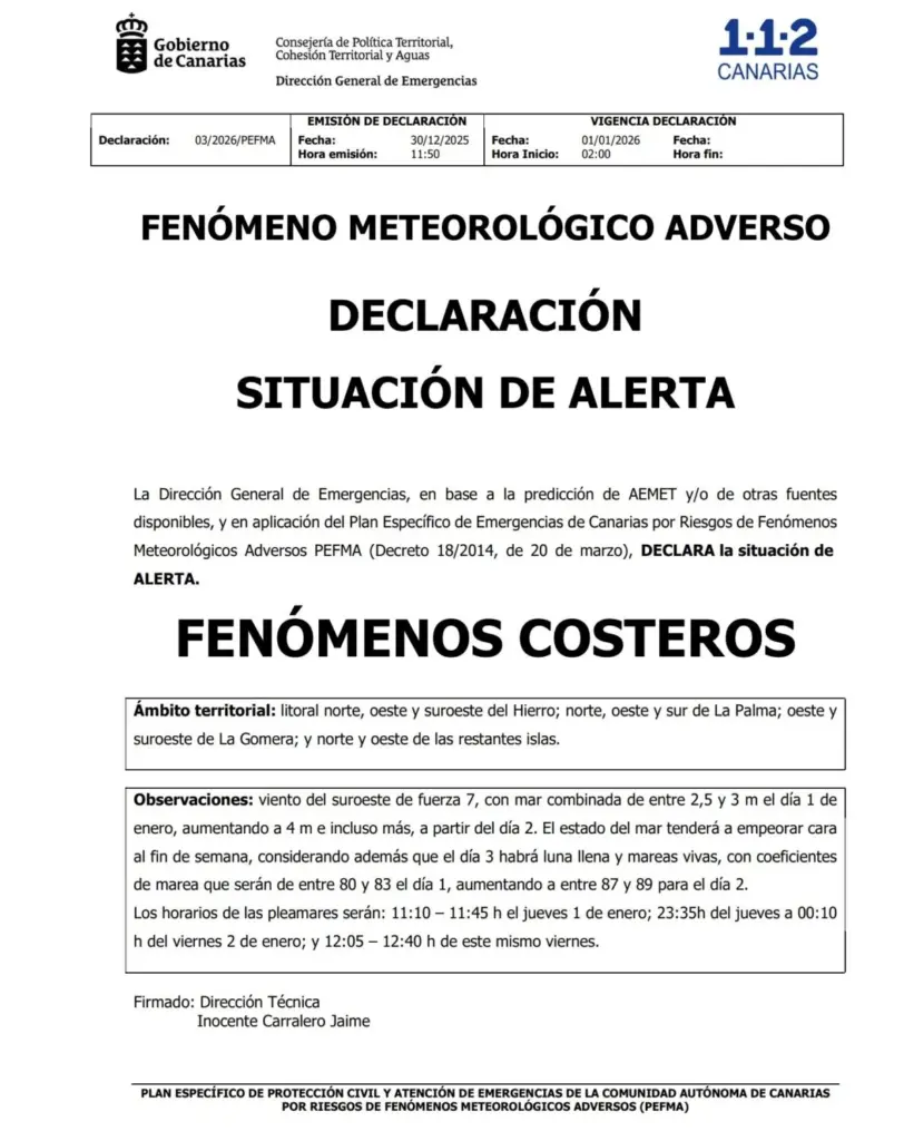 Alerta por fenómenos costeros en Canarias para el 1 de enero de 2026