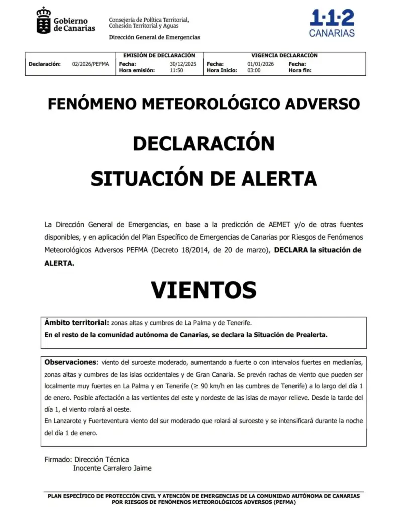 Alerta por vientos en Canarias para este 1 de enero de 2026