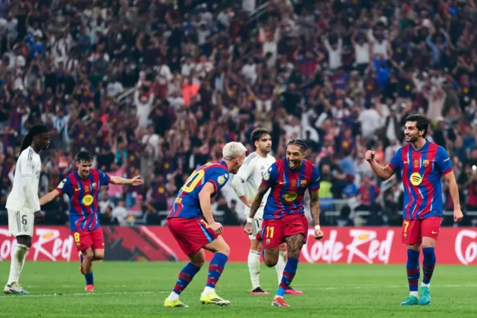 El brasileño Raphinha (FC Barcelona) celebra un gol en la Supercopa de España 2026 ante el Real Madrid. Fecha: 11/01/2026.