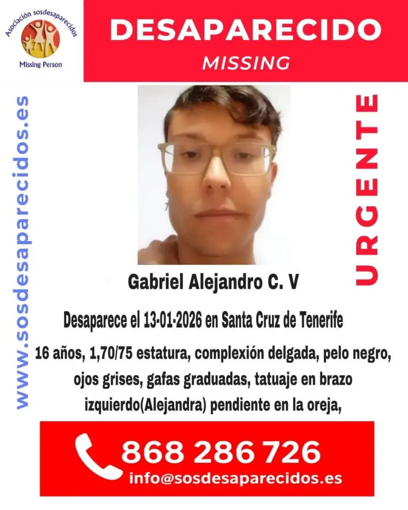 Cartel de búsqueda de Gabriel Alejandro C. V desaparecido este 13 de enero en Santa Cruz de Tenerife 