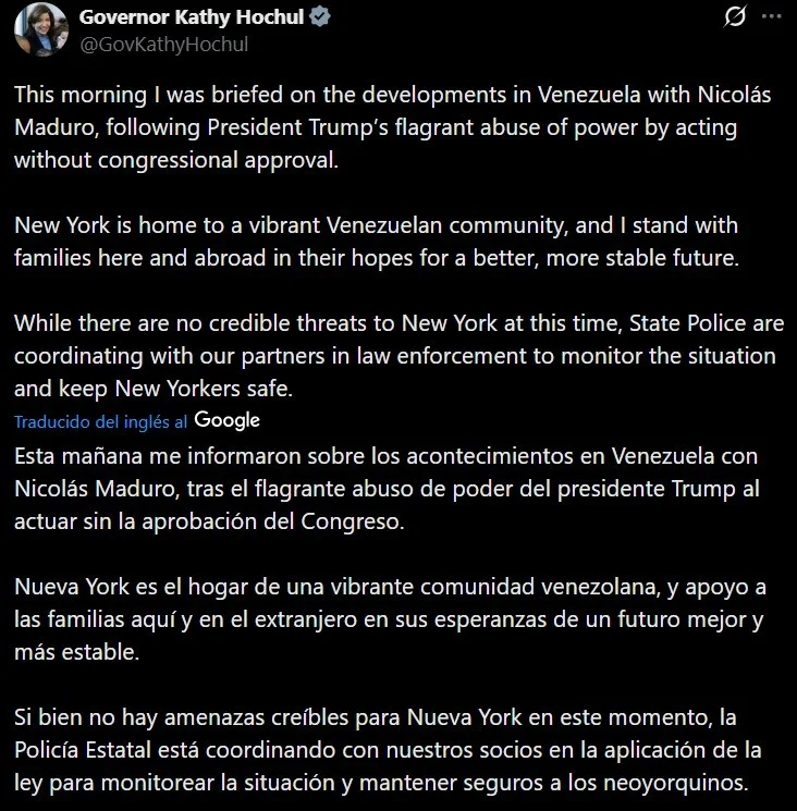 La gobernadora de Nueva York califica la captura de Maduro de "flagrante abuso de poder"