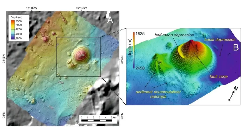 Batimetrías del volcán de Enmedio y su entorno, publicadas por los autores de la investigación en la revista 'Bulletin of Vulganology' bajo licencia Creative Commons. EFE