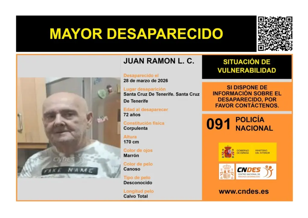Buscan a Juan Ramón, un hombre de 72 años con alzhéimer desaparecido en Santa Cruz de Tenerife