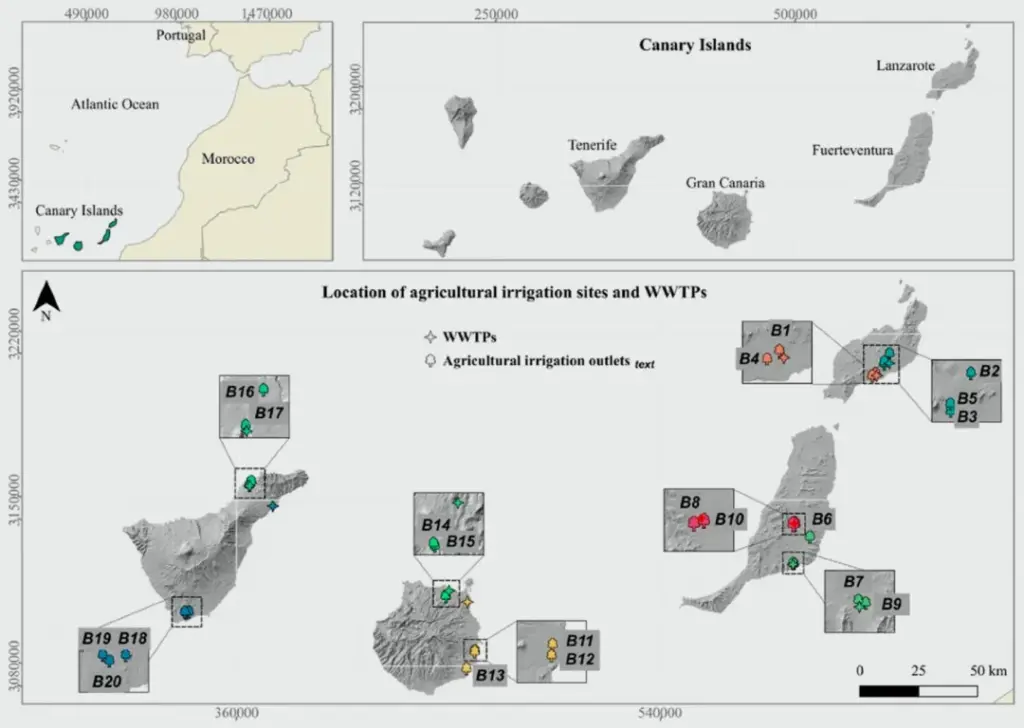 Una de las figuras incluidas en el artículo, que muestra un mapa de salidas de riego y plantas de tratamiento de aguas residuales en Canarias.