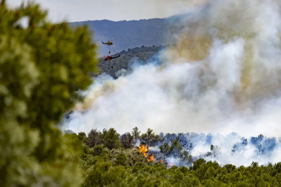 ncendio forestal que se ha iniciado este domingo en el paraje Llano de las Cabras del término municipal de Totana. El incendio con un frente de más de dos kilómetros de longitud, participan en su extinción dos helicópteros de las brigadas forestales contra incendios de la Comunidad de Murcia. EFE/Marcial Guillén