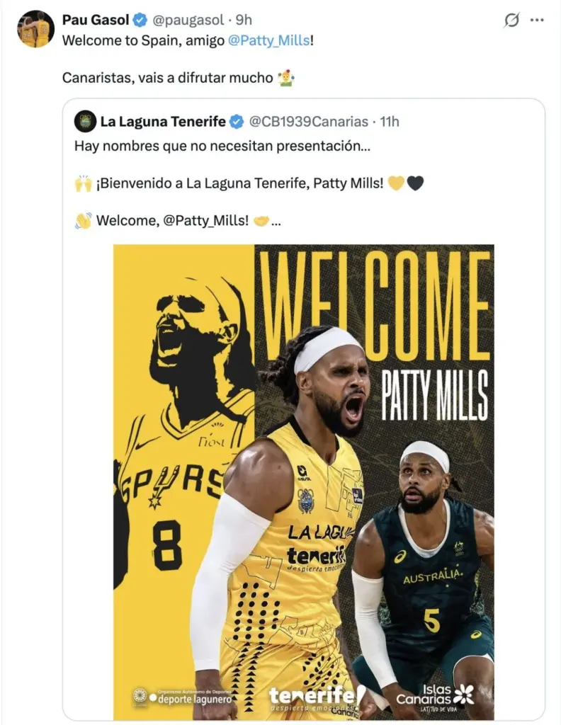 Mensaje en X de Pau Gasol dando la bienvenida al La Laguna Tenerife a Patty Mills