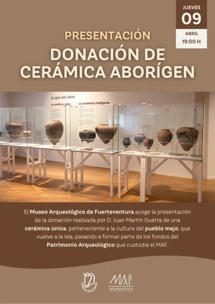 Cartel de la presentación de la donación de la cerámica aborigen al MAF