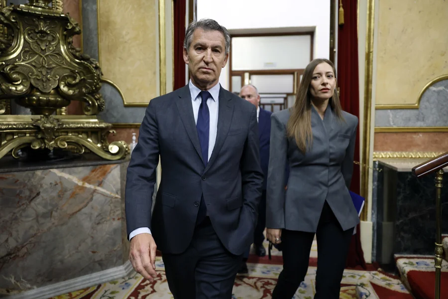 El líder del PP, Alberto Núñez Feijóo, y la portavoz en el Congreso del PP, Ester Muñoz, a su llegada al Congreso. Imagen EFE