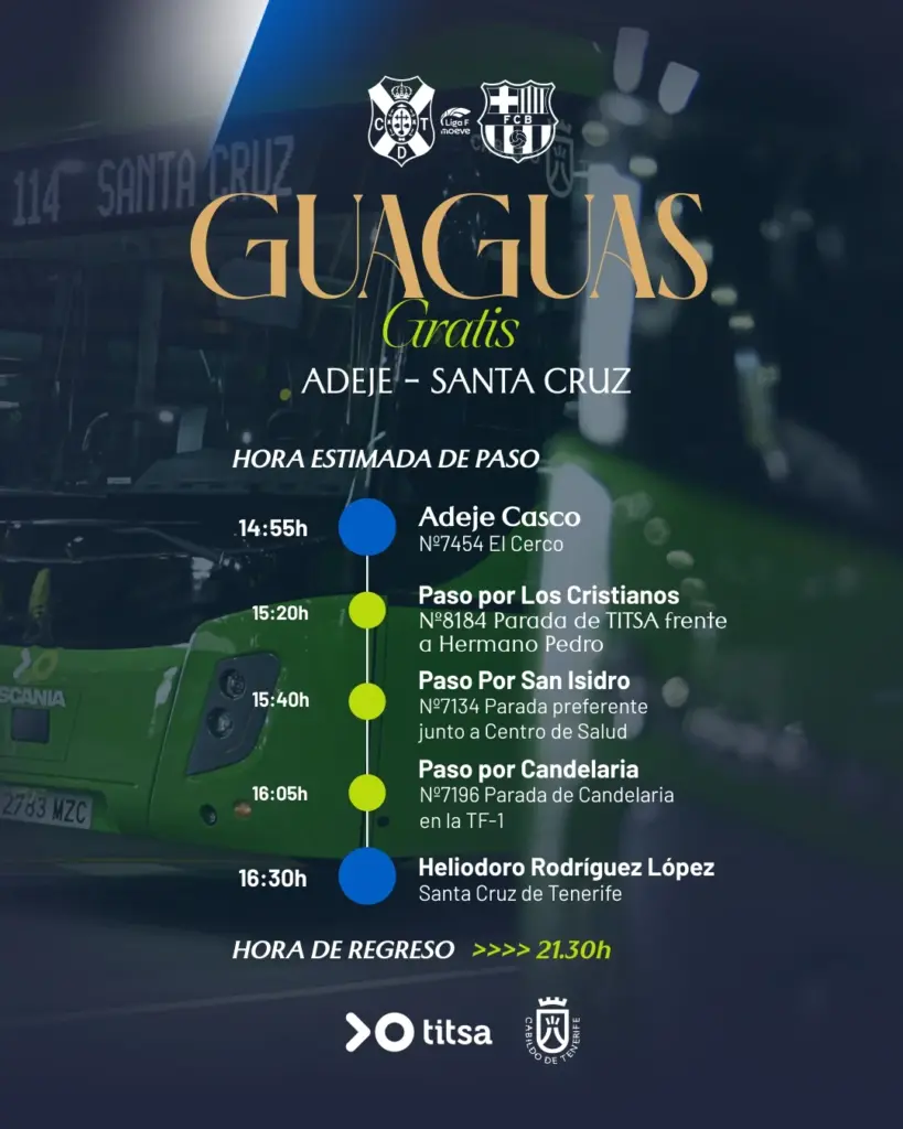 Horarios lanzaderas especial para el Costa Adeje-FC Barcelona