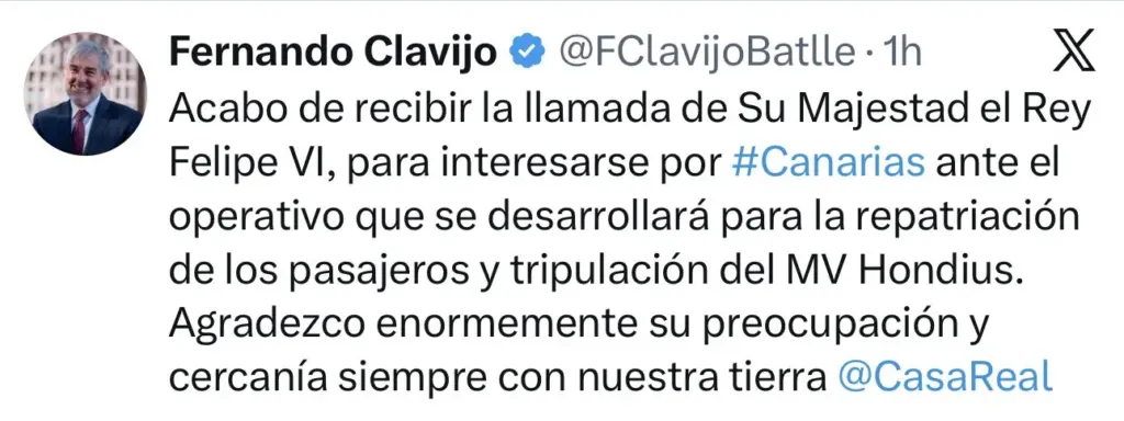 Mensaje Fernando Clavijo en X sobre la llamada de la Casa Real 