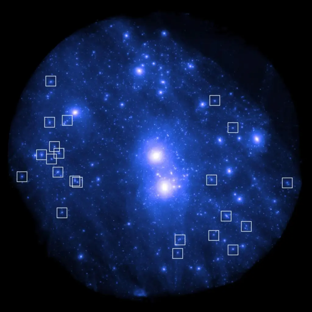Imagen de la distribución de materia oscura del Grupo Local en una simulación numérica de formación y evolución de galaxias perteneciente al proyecto HESTIA/NIVARIA. El mapa de colores representa la densidad de materia oscura, siendo las regiones más brillantes las más densas. En el centro de la imagen se observan los halos de materia oscura correspondientes a la Vía Láctea y a Andrómeda. Los cuadrados de color blanco indican la localización de las galaxias oscuras encontradas en la simulación, que son ricas en materia oscura y, por lo tanto, visibles en esta imagen. Crédito: Guacimara García Bethencourt (ULL) y Gabriel Pérez Díaz (IAC)
