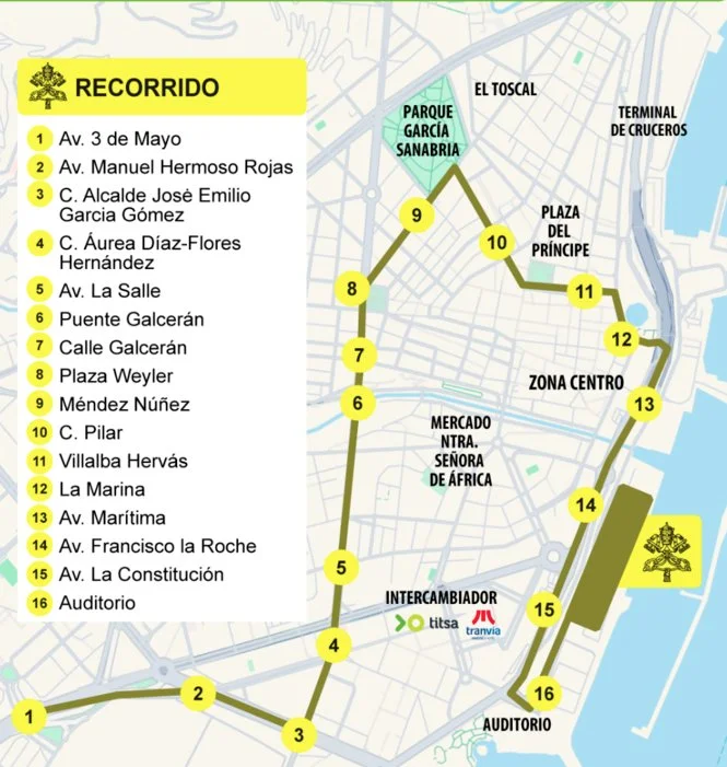 Mapa recorrido papa León XIV en Santa Cruz de Tenerife.