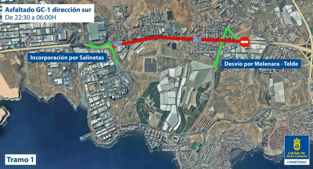 El Cabildo inicia el lunes por la noche el asfaltado de 17 kilómetros de la autopista GC-1, entre Melenara y Vecindario