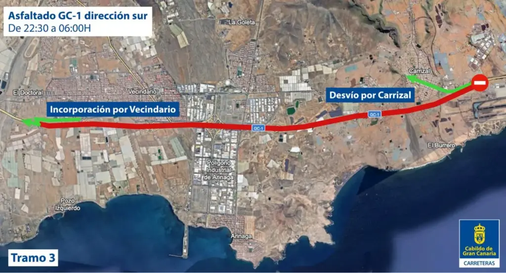 El Cabildo inicia el lunes por la noche el asfaltado de 17 kilómetros de la autopista GC-1, entre Melenara y Vecindario