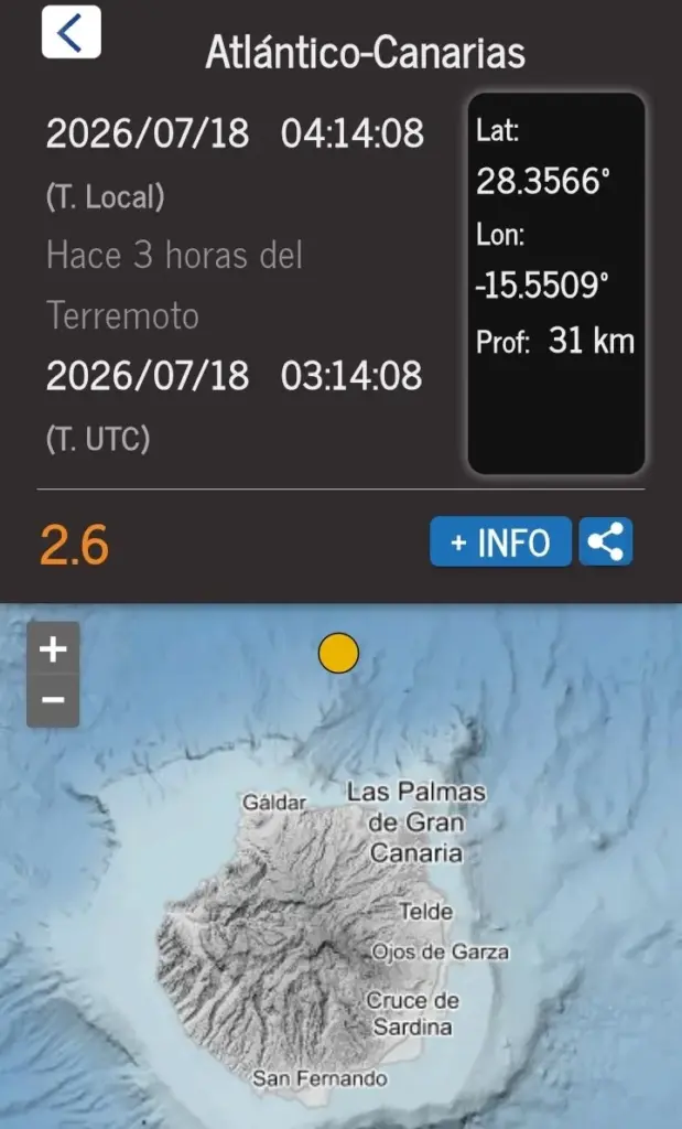 Terremoto de madrugada al norte de Gran Canaria de magnitud 2.6
