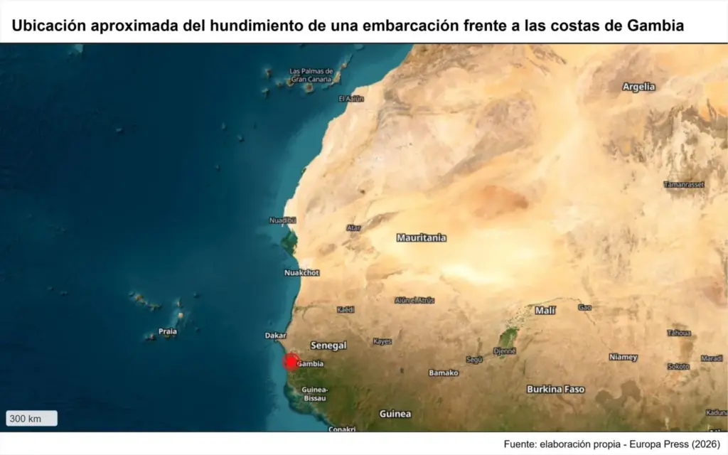 Ubicación aproximada del hundimiento de una embarcación frente a las costas de Gambia. Europa Press