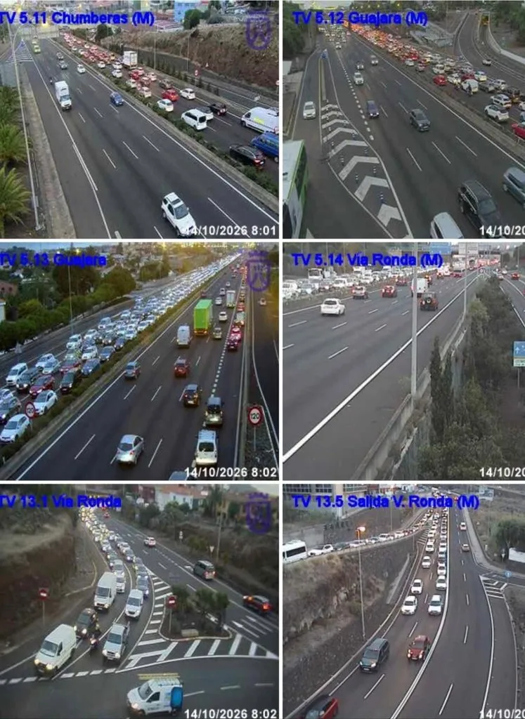 Cámaras de tráfico a primera hora de la mañana en la TF-5. Colapso de la autopista en dirección a Santa Cruz de Tenerife