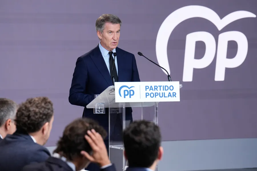 El presidente del PP, Alberto Núñez Feijóo, durante la reuda de prensa posterior a la reunión que ha mantenido este viernes con expertos en infraestructuras y servicios ferroviarios. EFE/ Borja Sanchez-Trillo
